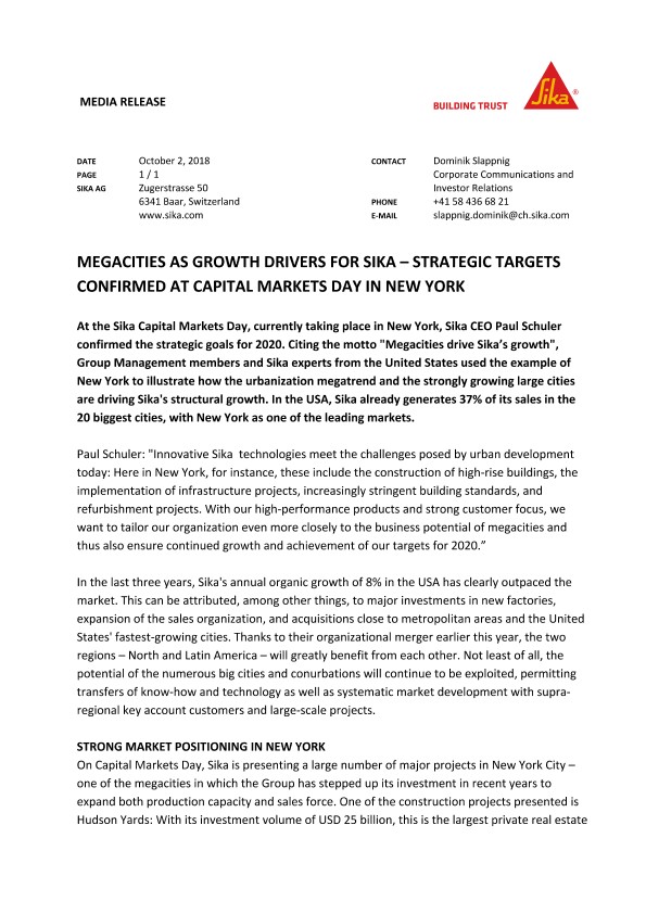 作为Sika的增长动力的Megacities-在纽约资本市场日确认的战略目标