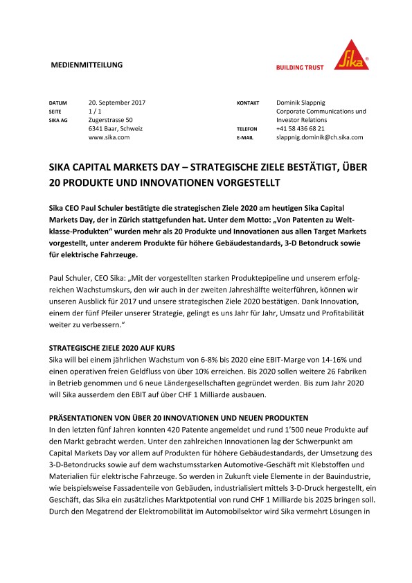 西卡资本市场日-战略Ziele bestätigt， über 20生产和创新vorgestelle