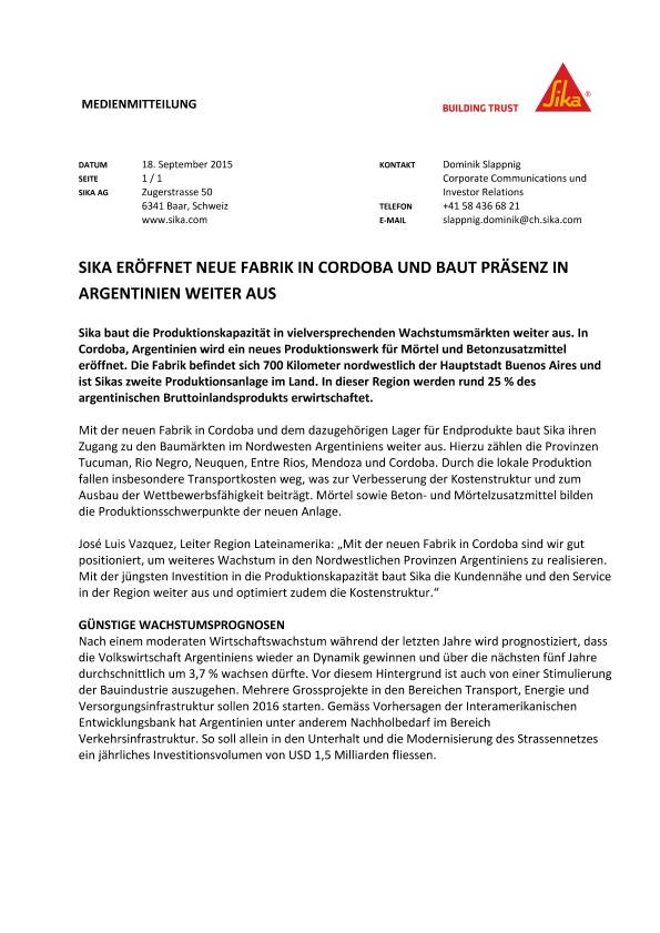 西卡eröffnet在科尔多瓦的neue Fabrik und baut Präsenz在阿根廷的weiter aus