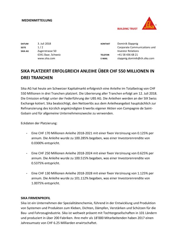 sika platziert erfolgreichanleiheüberchf 5.5亿欧元在Drei Tranchen