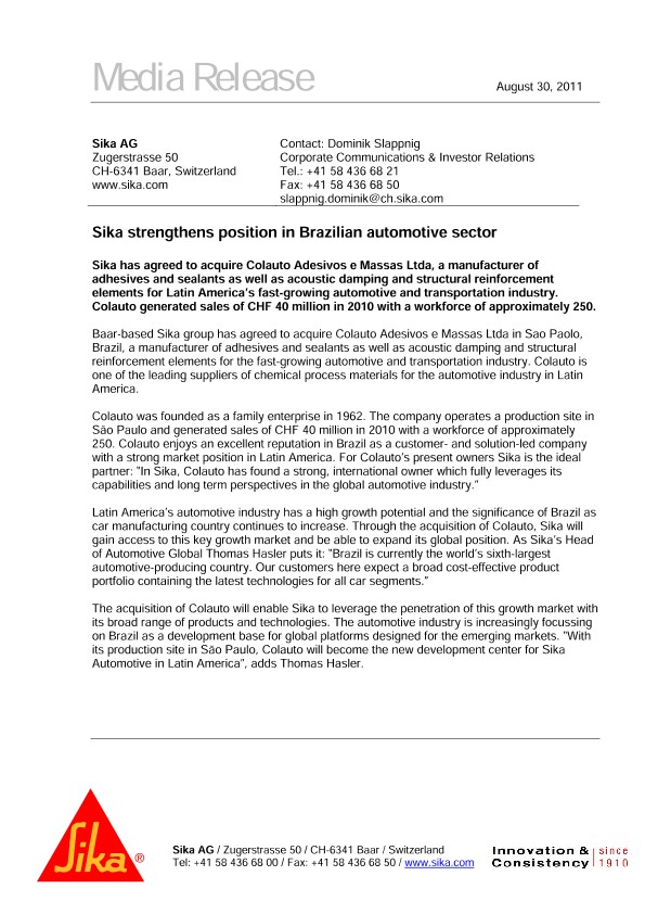 西卡加强在巴西汽车行业的地位