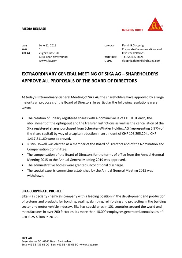 西卡股份公司特别股东大会-股东批准董事会的所有提案ayx小金体育