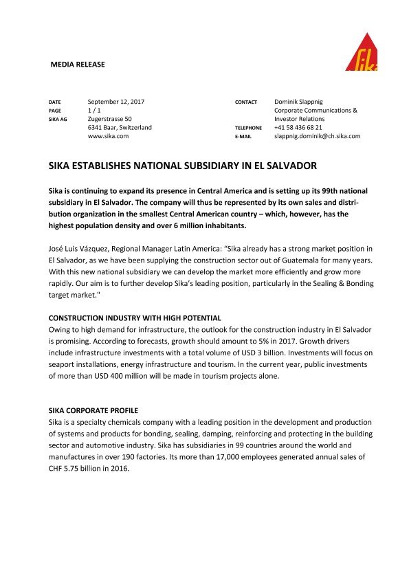 西卡在萨尔瓦多成立国家子公司