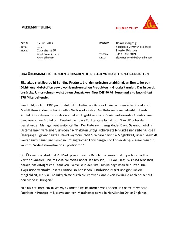 西卡übernimmt führenden英国Hersteller von Dicht- und Klebstoffen