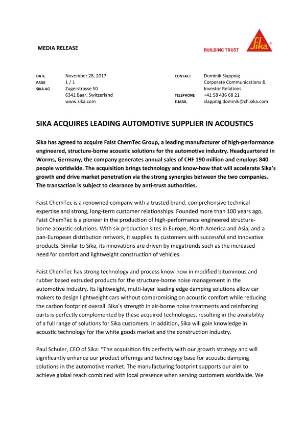 Sika获得了声学领先的汽车供应商