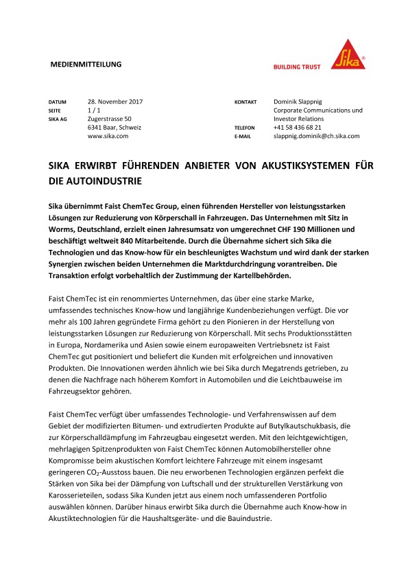 Sika erwirbtführendenanbieter vonakustiksystemenenfürdie autoindustrie
