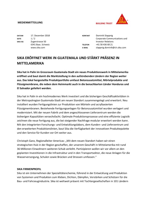 SikaEröffnetwerk在Mittelamerika的危地马拉和StärktPräsenz