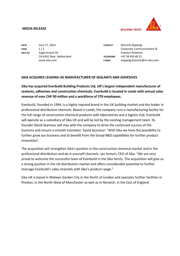 西卡收购英国领先的密封剂和粘合剂制造商