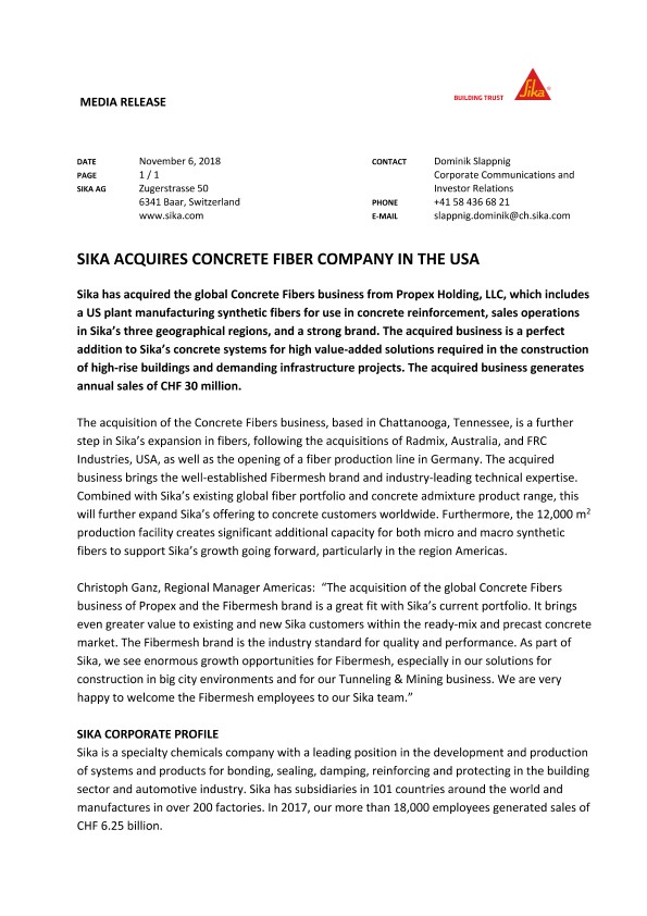 西卡收购美国混凝土纤维公司