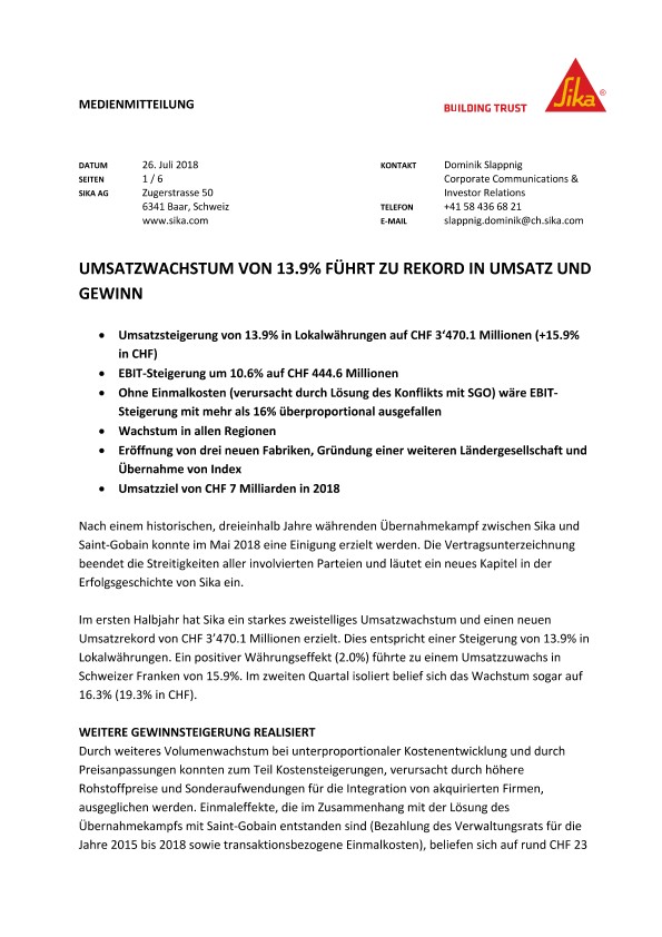 Umsatzwachstum von 13.9% führt zu Rekord in Umsatz und Gewinn