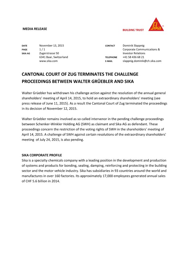 楚格州的法院终止诉讼沃尔特Gruebler和梅花鹿之间的挑战