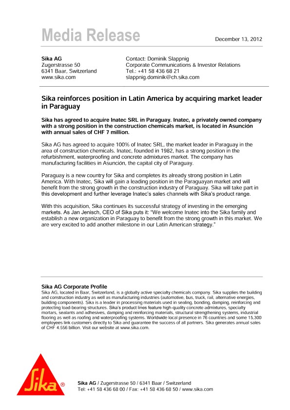 Sika通过在巴拉圭获得市场领导者来加强拉丁美洲的地位