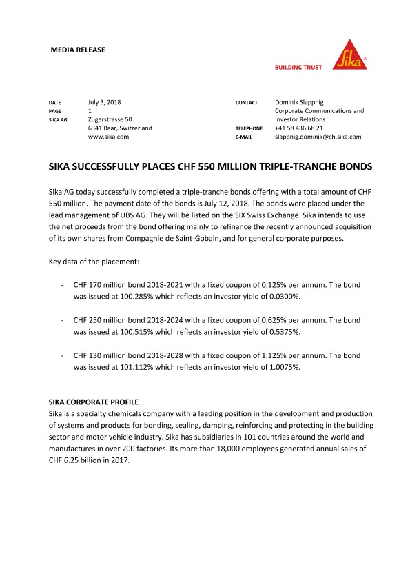 Sika成功地将5.5亿瑞士法郎置于三重贸易债券