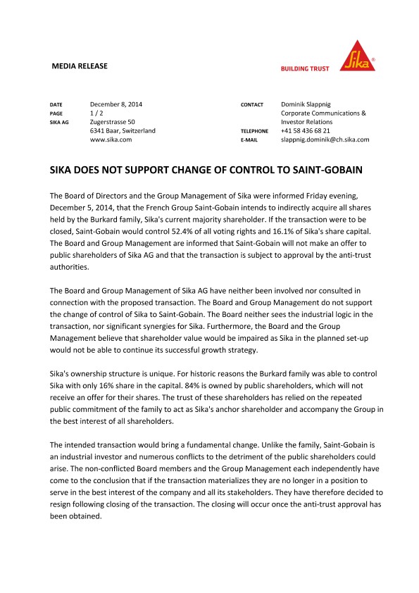 Sika不支持将控制权转换为圣哥巴恩