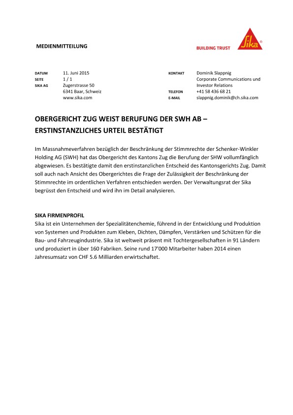 oberericht Zug weist Berufug der SWH ab