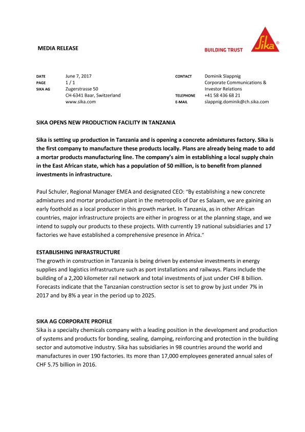 西卡在坦桑尼亚开设新的生产设施