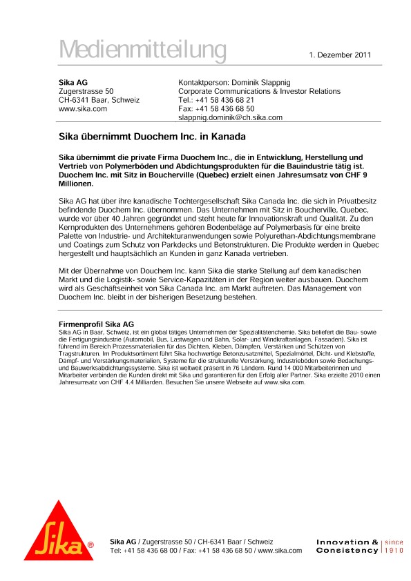 卡纳达州的Sikaübernimmtduochem Inc.