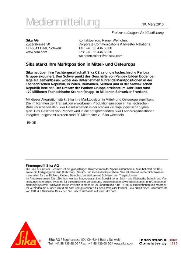 sikaStärktihre marktposition in Mittel-和steuropa