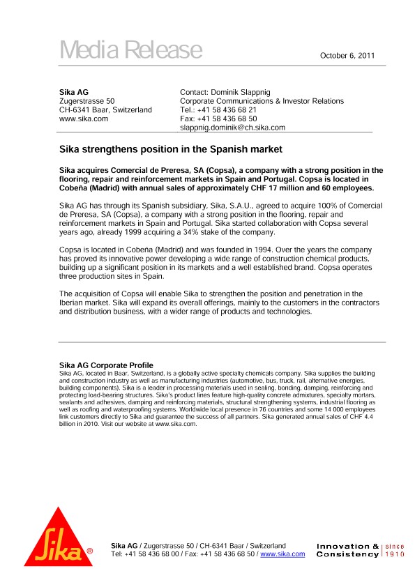 西卡加强在西班牙市场的地位