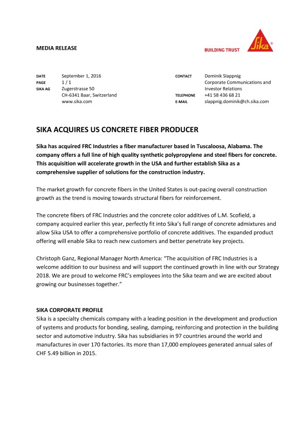 西卡收购美国混凝土纤维生产商