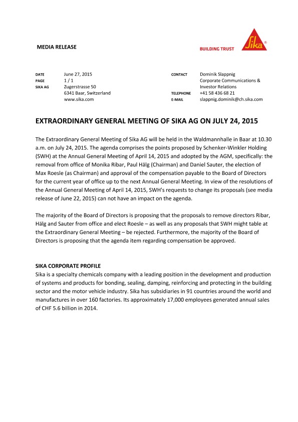 2015年7月24日，Sika AG的非凡股东大会ayx小金体育