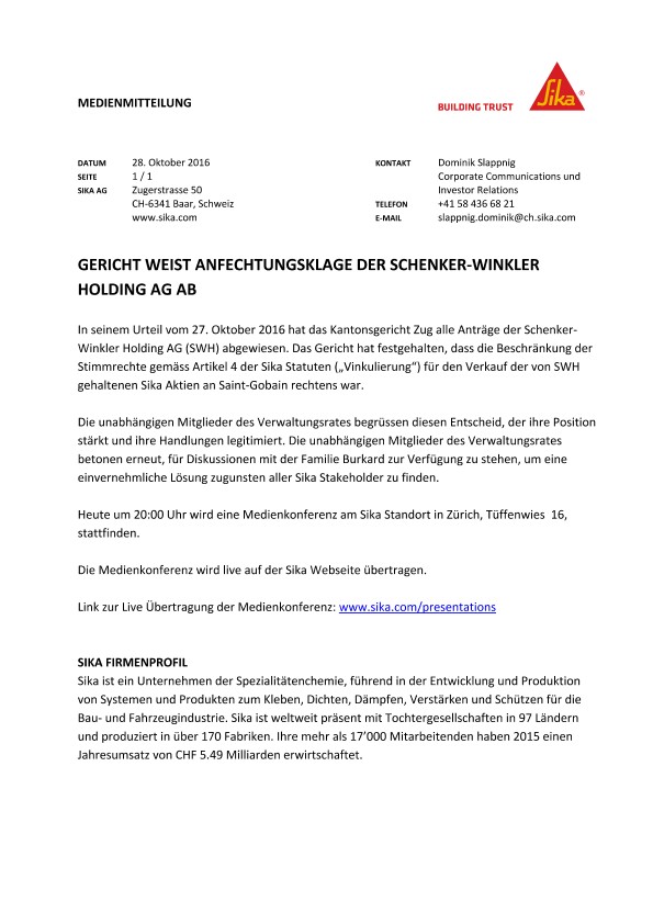 gericht weist anfechtungsklage der schenker-winkler Holding AG AB