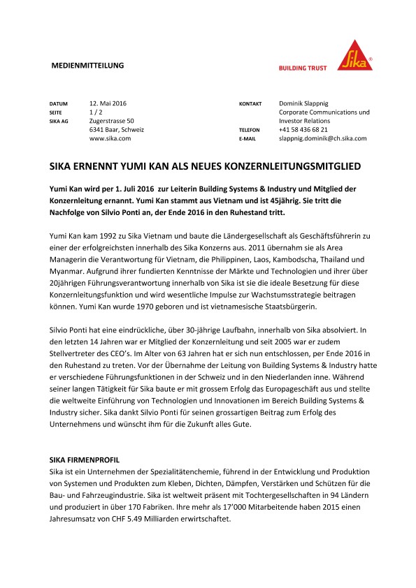 Sika Ernennt Yumi Kan Als Neues Konzernleitungsmitglied