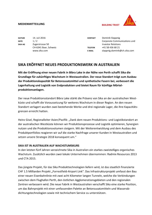 西卡eröffnet neues Produktionswerk在澳大利亚