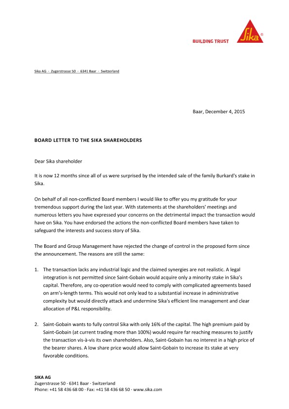 董事会致西卡股东的信