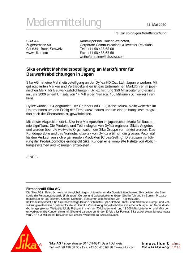 Sika erwirbt mehrheitsbeteiligung anMarktführerFürBauwerksabdichtungen在日本