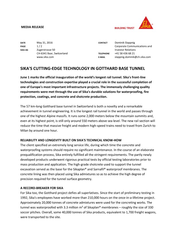 西卡在圣哥达基地隧道的尖端技术