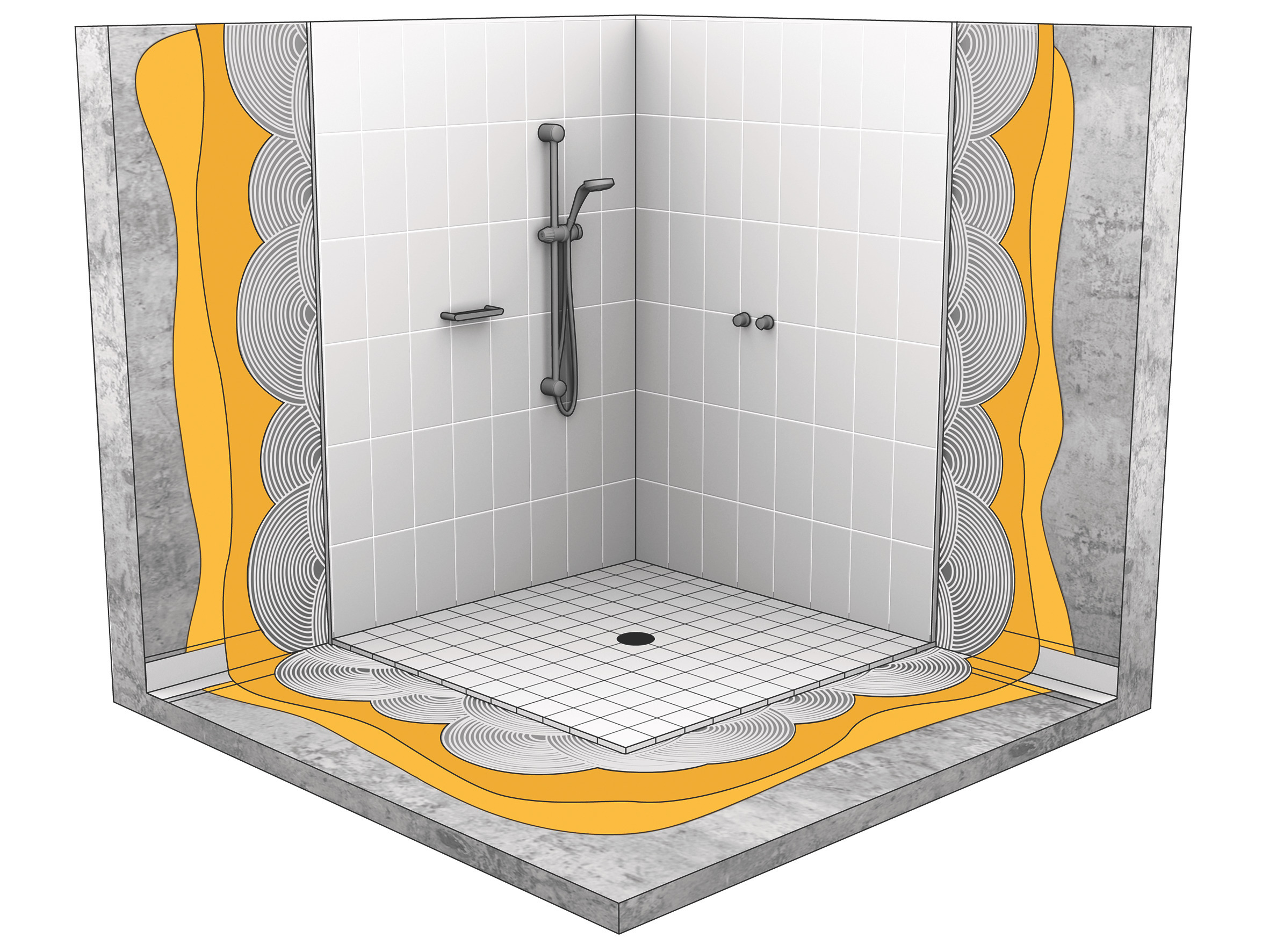 防水灰浆的例证在铺磁砖的墙壁和地板下在阵雨湿室