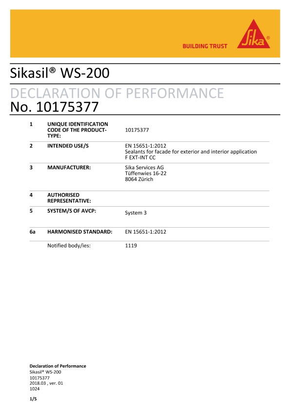 CE夹住——Sikasil®ws - 200 - EN 15651 - 1:2012
