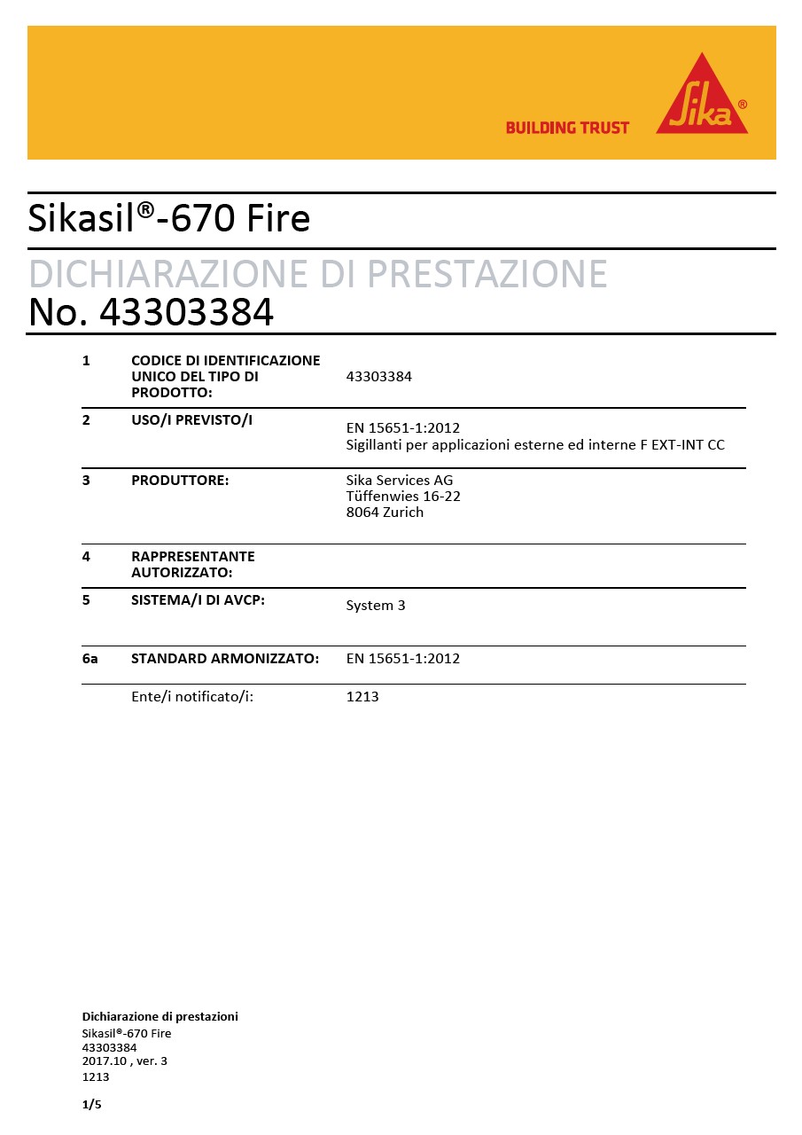 DOP  -  SIKASIL 670火，不。43303384，EN 15651-1-2012